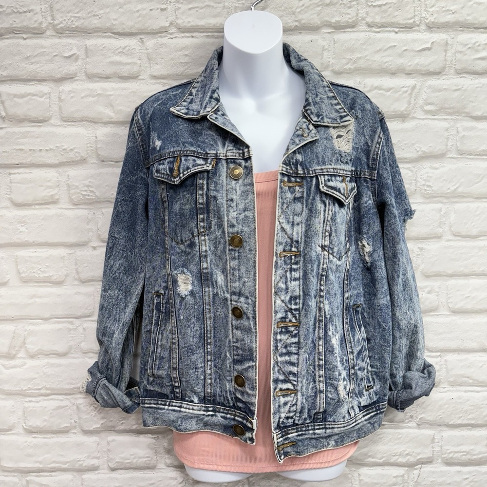 Acid Washed Denim Jacket Women's S‎ Blue Jean Distressed Frayed Cropped Moto Y2K